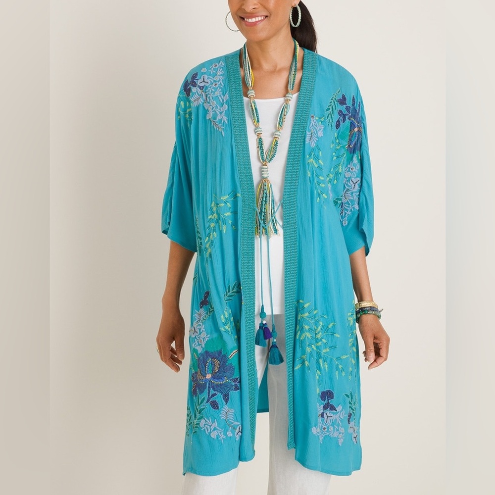 Chico's Teal Floral Kimono Cardigan
